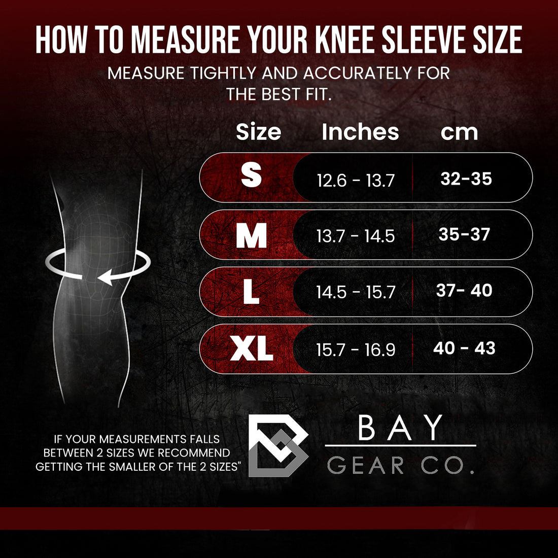 Black 7mm knee sleeves by Bay Gear Co., size chart