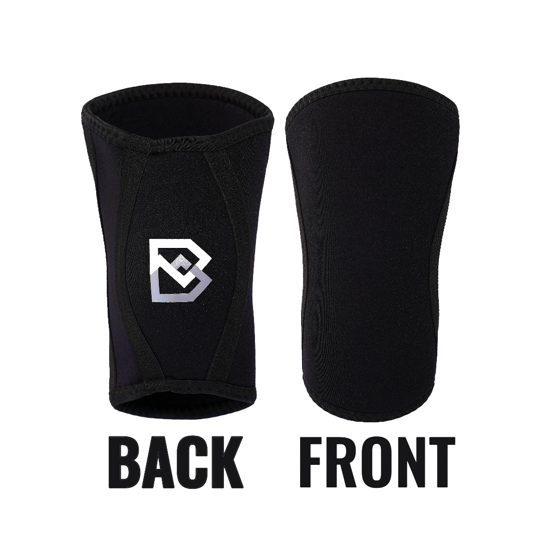 Black 7mm knee sleeves by Bay Gear Co., front and back