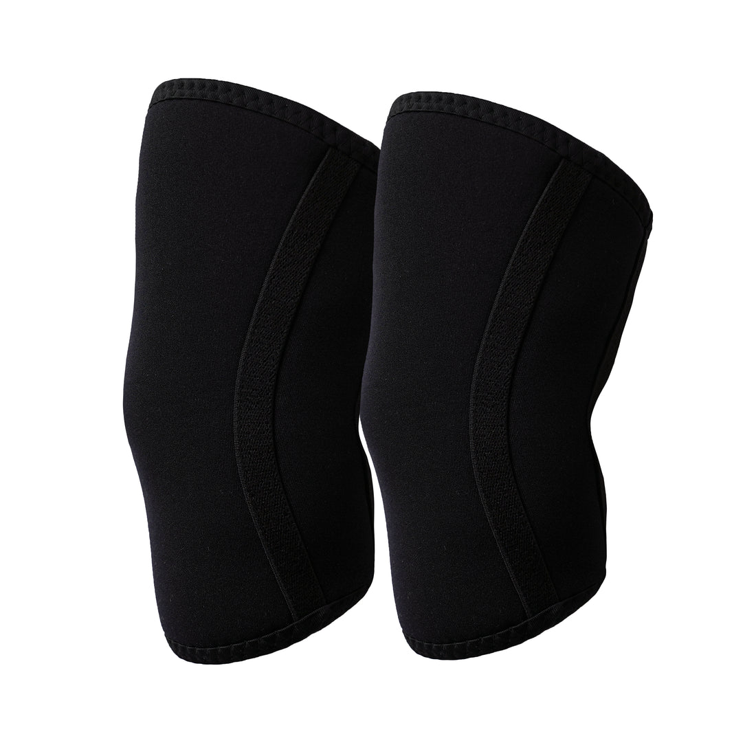 A pair of black knee sleeves with no visible branding on the front, featuring a snug fit design. 100% neoprene material